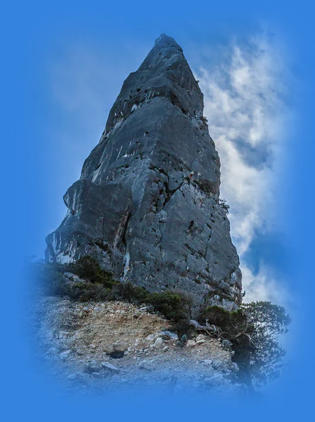 Steep rock tower pinnacle with climbers under blue clouds, representing a clear web arrangement, unyielding utility and deep logic.