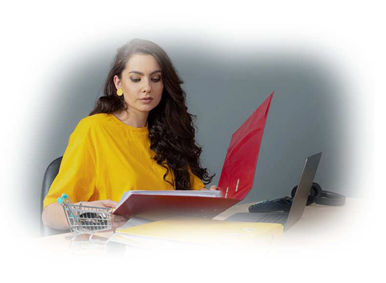 Woman in a yellow shirt managing document files in a red binder, representing sophisticated multilingual architecture and global web expansion assets.